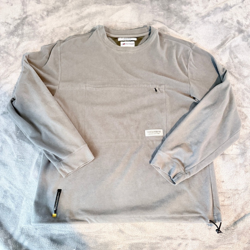 VTG Tommy Hilfiger Athletics Mens XL Gray Fleece Pullover Crew Zipper Pocket